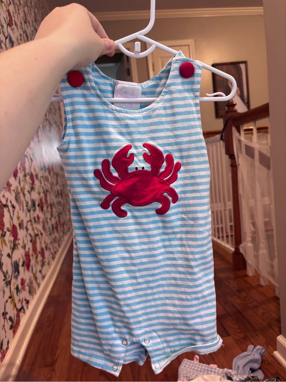 9M Stitchy Fish Crab Appliqué Stripe Romper - Blue & Red